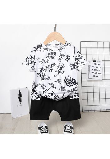 2pcs Toddler Boy Letter Print Short-sleeve Tee and Elasticized Black Shorts Set