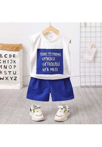 2pcs Toddler Boy Trendy Letter Print Patchwork Sleeveless Tee and Shorts Set