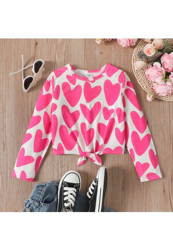 Kid Girl Heart Print Tie Knot Long-sleeve Pink Tee