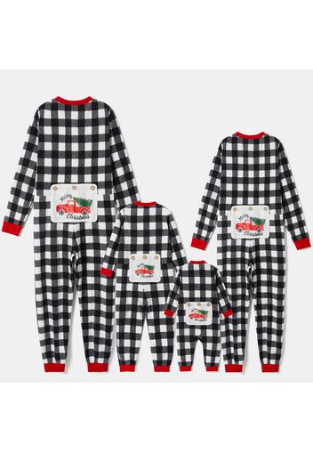 Christmas Tree in Car Letter Print Black Plaid Family Matching Long-sleeve Thickened Polar Fleece Onesies Pajamas Sets (Flame Resistant)