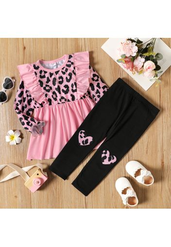 2-piece Toddler Girl Ruffled Leopard Print Long-sleeve Pink Top and Heart Pattern Pants Set