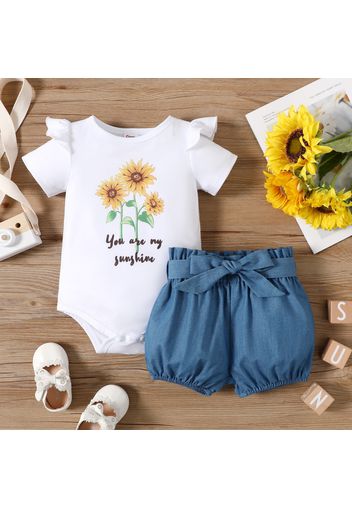 2pcs Baby Girl Sunflowers and Letter Print Ruffle Short-sleeve Romper with Paperbag Waist Shorts Set