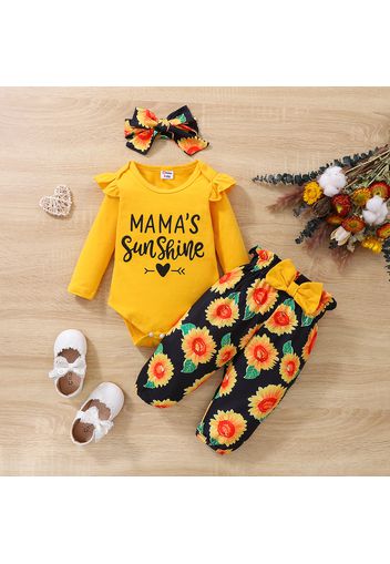 3pcs Baby Girl 95% Cotton Long-sleeve Letter Print Romper and Bow Front Allover Sunflower Print Pants with Headband Set