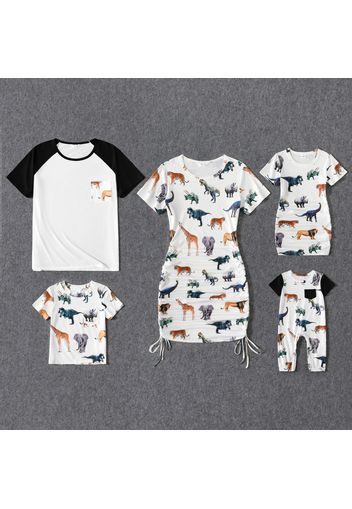 Family Matching All Over Animal Print Short-sleeve Mini Bodycon Ruched Dresses and Raglan-sleeve T-shirts Sets