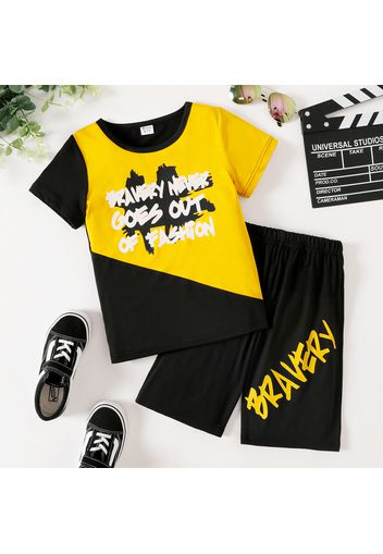 2pcs Kid Boy Casual Letter Print Colorblock Short-sleeve Tee and Elasticized Shorts Set