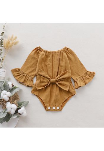 100% Cotton Solid Bowknot Decor Long-sleeve Baby Romper