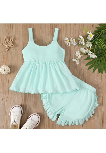 2pcs Toddler Girl Waffle Peplum Camisole and Ruffled Shorts Set