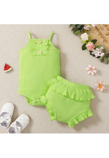 Cotton 2pcs Baby Girl Solid Ribbed Spaghetti Strap Ruffle Romper and Shorts Set