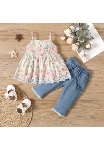 2pcs Baby Girl Lace Design Allover Floral Print Sleeveless Spaghetti Strap Top and Jeans Set