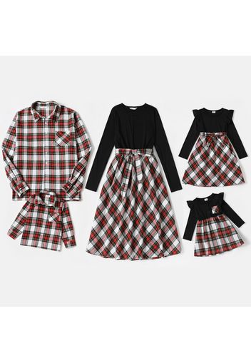 Family Matching Plaid Long-sleeve Splicing Belted Midi Dresses and Shirts Sets