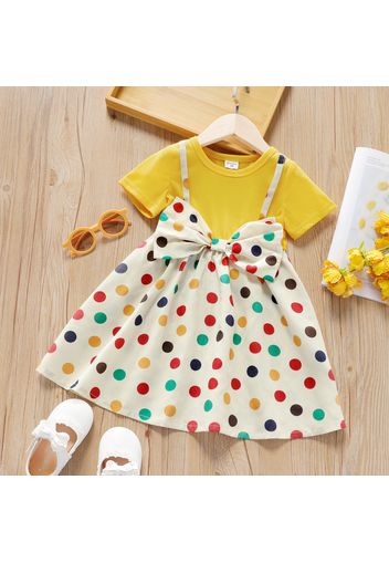 Toddler Girl Faux-two Polka dots Bowknot Design Short-sleeve Dress