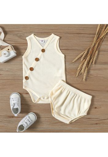 Baby Boy Button Front Solid Waffle Sleeveless Tank Romper with Shorts Set