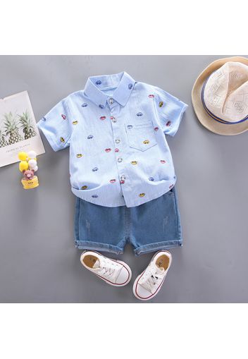 2pcs Toddler Boy Playful Denim Shorts & Car Print Shirt Set