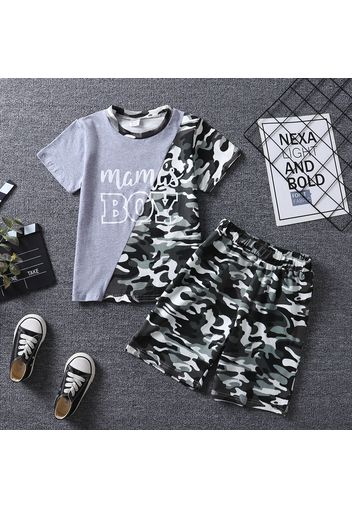 Father's Day 2pcs Kid Boy Camouflage Letter Print Splice Short-sleeve Cotton Tee and Shorts Set