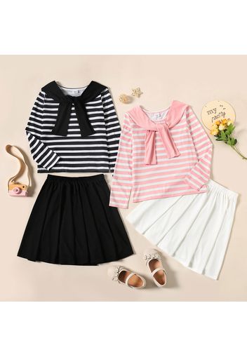 2-piece Kid Girl Stripe Shawl Design Long-sleeve Tee and Solid Color Skirt Set