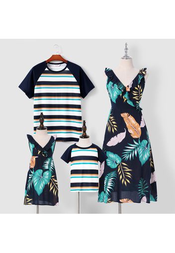 Family Matching All Over Plant Print Cross Wrap Deep V Neck Sleeveless Ruffle Dresses and Striped Raglan-sleeve T-shirts Sets