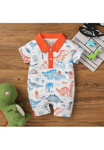 Baby Boy Contrast Collar All Over Dinosaur Print Short-sleeve Romper