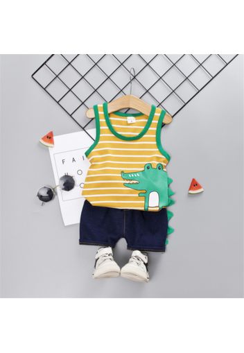 2pcs Toddler Boy Playful Dinosaur Print Stripe Tank Top and Spike Design Shorts Set