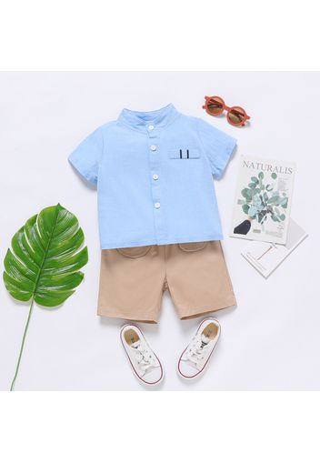 Refreshing As Soda Toddler Boy 2pcs 100% Cotton Solid Stand Collar Short-sleeve Blue or White Shirt Top and Khaki or Black Shorts Set