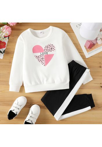 2pcs Kid Girl Leopard Heart Print Long-sleeve Tee and Colorblock Pants Set