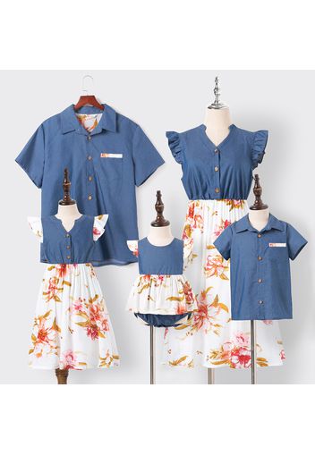 Family Matching Solid V Neck Flutter-sleeve Splicing Floral Print Dresses and Short-sleeve Shirts Sets