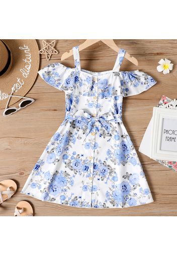 Kid Girl Floral Print Button Design Off Shoulder Flounce Belted Strap Dress