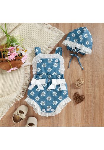 2pcs Baby Girl Floral Print Imitation Denim Lace Bowknot Sleeveless Romper with Hat Set