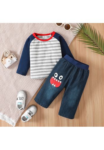 2pcs Baby Boy 100% Cotton Graphic Print Jeans and Raglan-sleeve Striped Tee Set