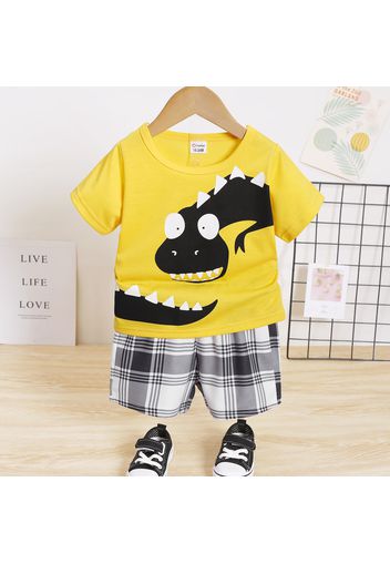 2pcs Toddler Boy Playful Dinosaur Print Tee and Plaid Shorts Set