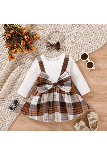 2pcs Baby Girl Long-sleeve Faux-two Rib Knit Spliced Plaid Bow Front Dress with Dress Set