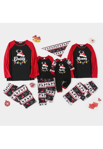 Christmas Hat String Lights and Letter Print Family Matching Raglan Long-sleeve Pajamas Sets (Flame Resistant)