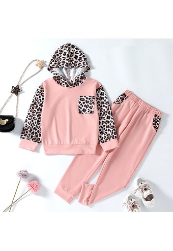 2-piece Kid Girl Leopard Print Colorblock Hoodie Sweatshirt and Pants Set