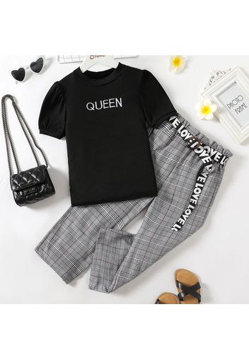 2pcs Kid Girl Letter Print Mock Neck Short-sleeve Black Tee and Belted Plaid Pants Set