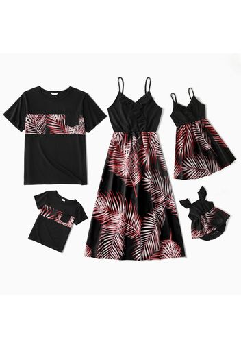 Family Matching Black Ruffle V Neck Spaghetti Strap Splicing Palm Leaf Print Dresses and Short-sleeve T-shirts Sets