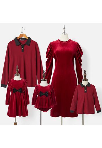 Family Matching Wine Red Long-sleeve Velvet Dresses and Waffle Polo Shirts Sets