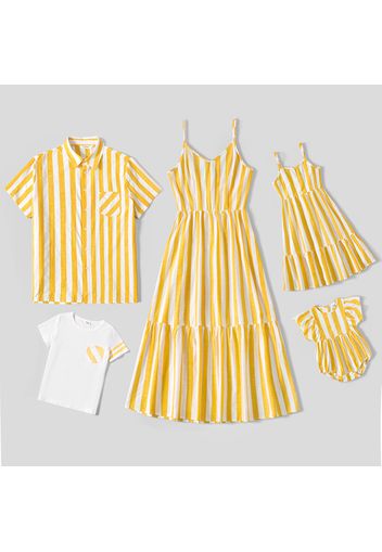 Family Matching Yellow Striped Cami Dresses and Short-sleeve Tops Sets