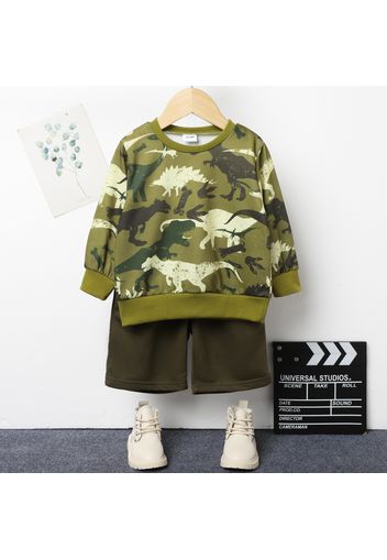 2pcs Toddler Boy Animal Dinosaur Print Sweatshirt and Green Shorts Set