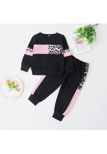 2-piece Baby / Toddler Girl Splice Colorblock Leopard Print Long-sleeve Pullover and Pants Set