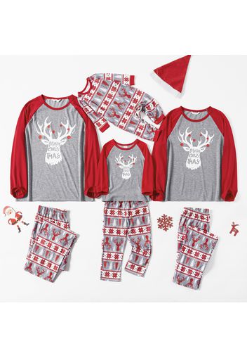 Christmas Deer and Letter Print Family Matching Red Raglan Long-sleeve Pajamas Sets (Flame Resistant)