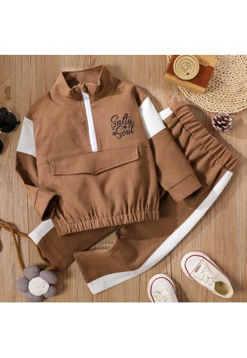 2-piece Toddler Girl Letter Print Zipper Stand Collar Colorblock Sweatshirt and Pants Set