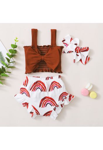 Shirred 3pcs Rainbow or Watermelon Print Bow Decor Sleeveless Baby Set