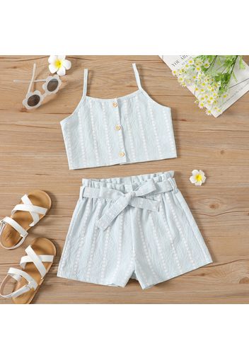 2-piece Kid Girl Floral Print Plaid Button Design Camisole and Belted Paperbag Shorts Set