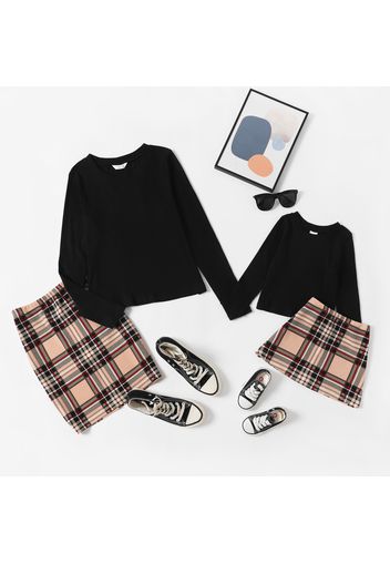 Black Long-sleeve T-shirt with Plaid Skirt Sets for Mom and Me