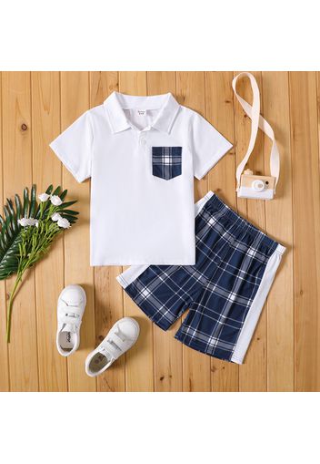 2-piece Kid Boy Plaid Pocket Design Polo Shirt and Elasticized Shorts Set