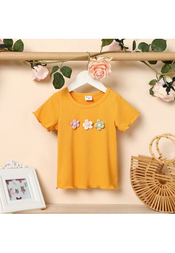 Toddler Girl 3d Floral Design Lettuce Trim Ribbed Short-sleeve Tee