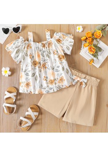 2-piece Kid Girl Floral Print Cold Shoulder Strap Top and Bowknot Design Shorts Set