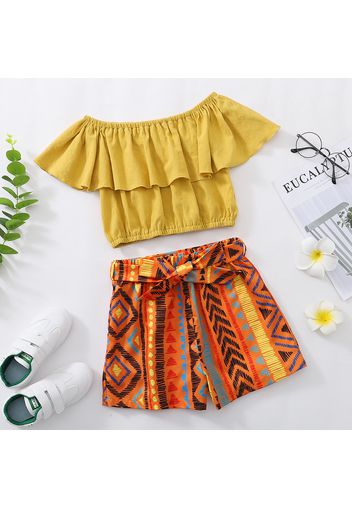 Pretty Kid Girl Flounced Off Shoulder Top Geometric Printed Shorts Casual Set