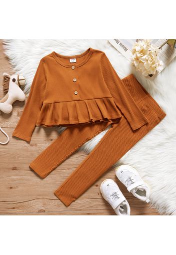 2-piece Toddler Girl Button Design Ruffle Hem Long-sleeve Top and Brown Leggings Set