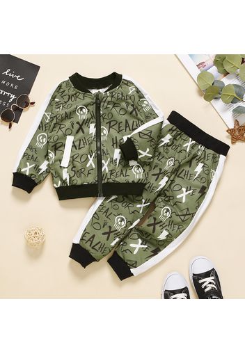 2-piece Toddler Boy Letter Print Zipper Bomber Jacket and Pants Set