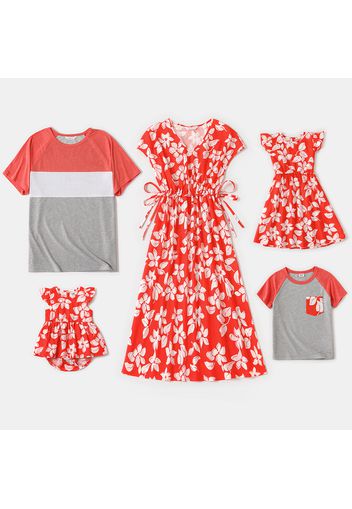 Family Matching Floral Print Coral V Neck Short-sleeve Drawstring Dresses and Colorblock T-shirts Sets